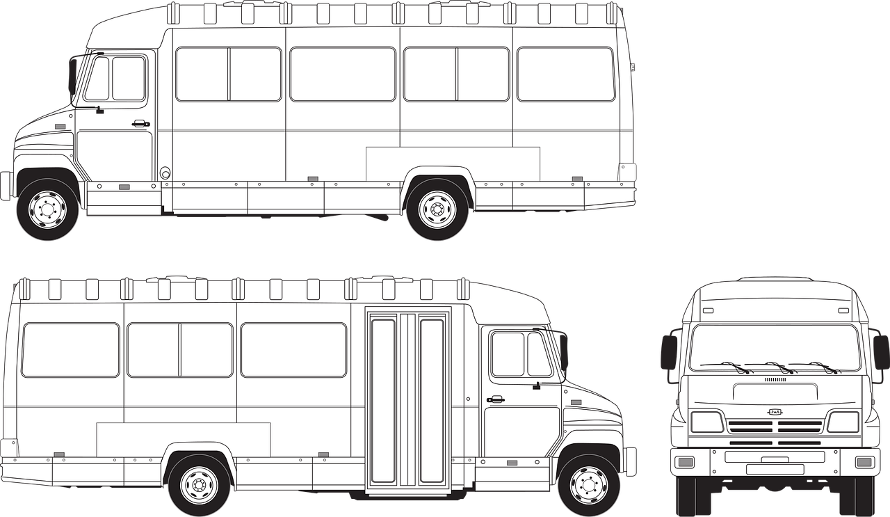 a black and white drawing of a bus, lineart, by Derek Hill, behance, top and side view, full color scheme, full body image, vertex