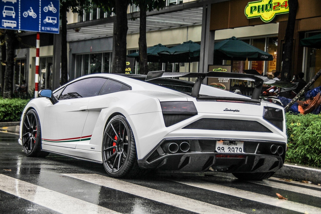 a white sports car parked on the side of the road, a photo, tumblr, bold lamborghini style, são paulo, rear view, more details