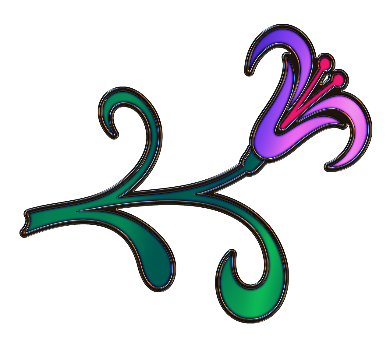 a purple and green flower on a black background, a digital rendering, inspired by Alfred Manessier, art nouveau, romantic simple path traced, colorful hilt, lily, scrollwork