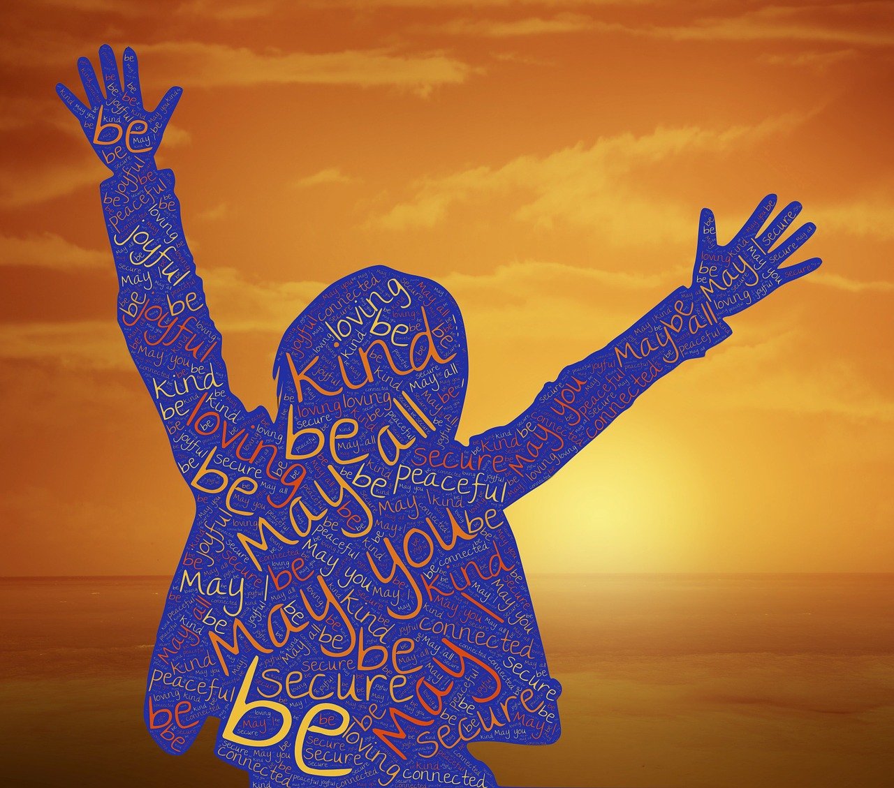 a silhouette of a person with their arms in the air, by Jeanna bauck, pixabay, conceptual art, words, orange and blue colors, with kind face, blessed