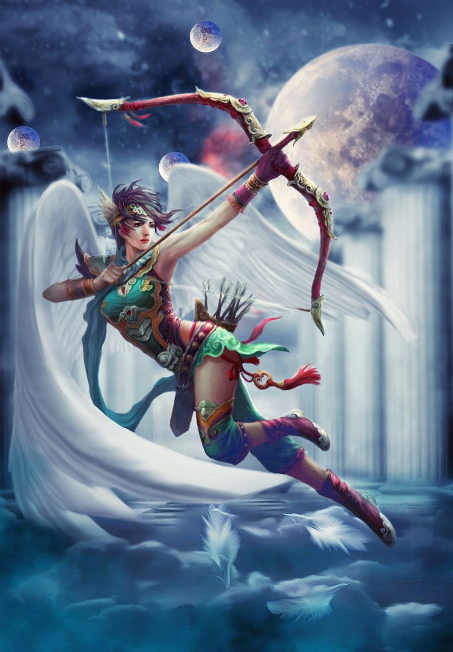 a woman flying through the air while holding a bow, by Ju Lian, fantasy art, 3 d goddess minerva, jester, ice arrows, painted in the style arcane