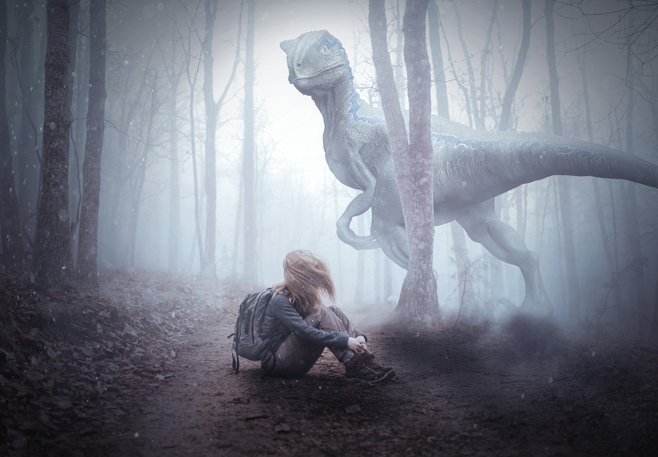 a woman sitting on the ground next to a statue of a dinosaur, a photo, inspired by Adam Rex, fantasy art, in the foggy huge forest, photo manipulation, velociraptor, the girl is scared