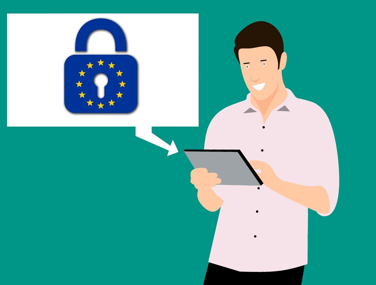 a man holding a tablet next to a padlock, an illustration of, european, easy to use, poser, open eye freedom