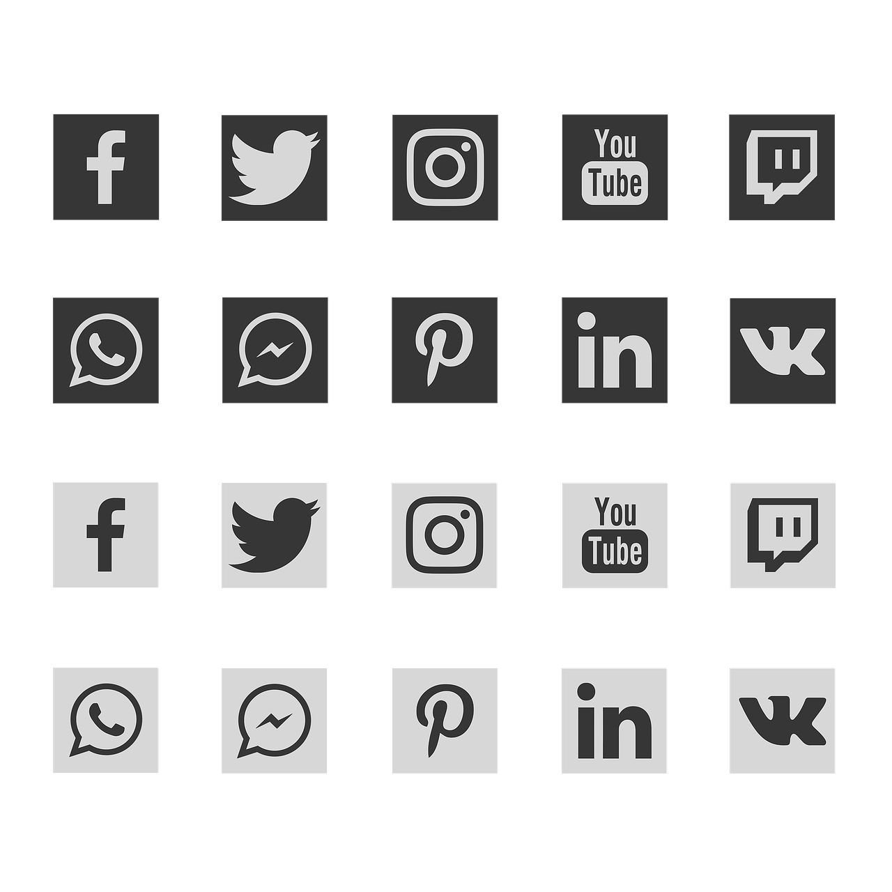a set of social icons on a black background, trending on Artstation, grayscale pantone, uploaded, medium, video