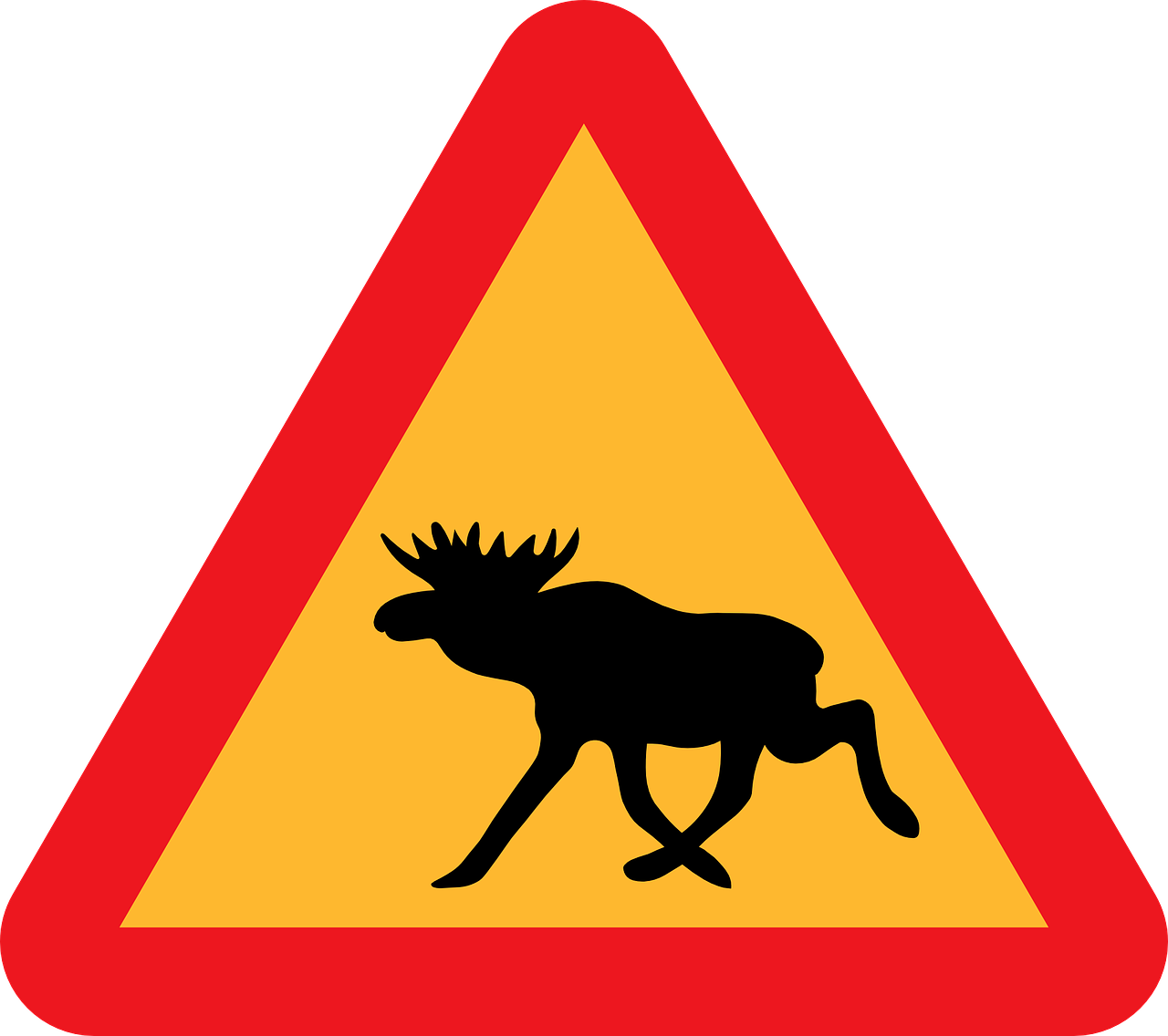 a moose crossing a road sign on a black background, a cartoon, by Jens Søndergaard, shutterstock, black and yellow and red scheme, very accurate photo, stock photo
