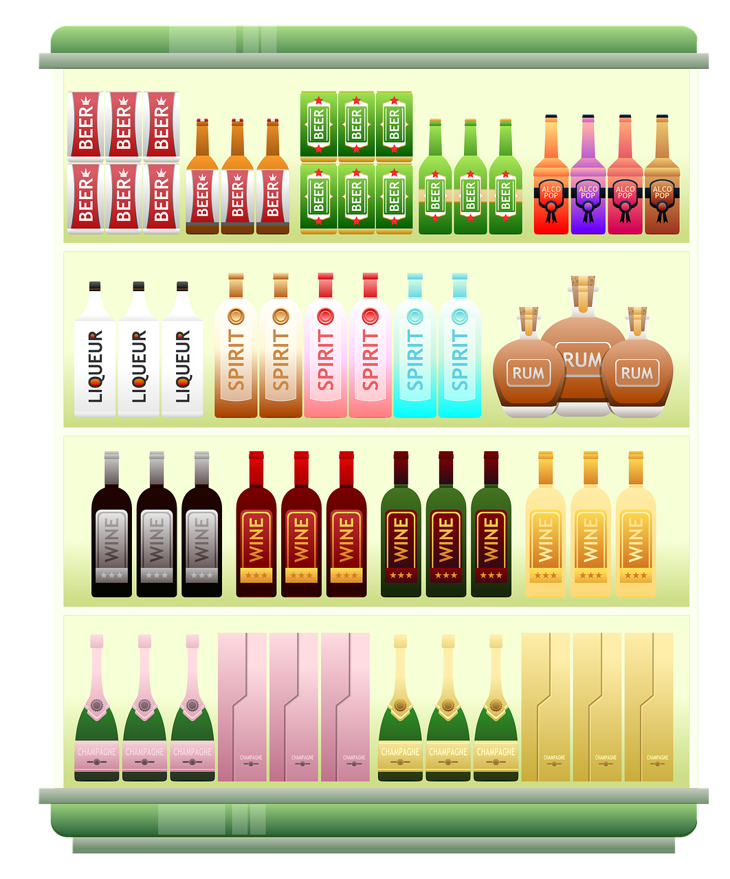 a bunch of bottles that are on a shelf, a digital rendering, vector images, shops, drinking, poster illustration