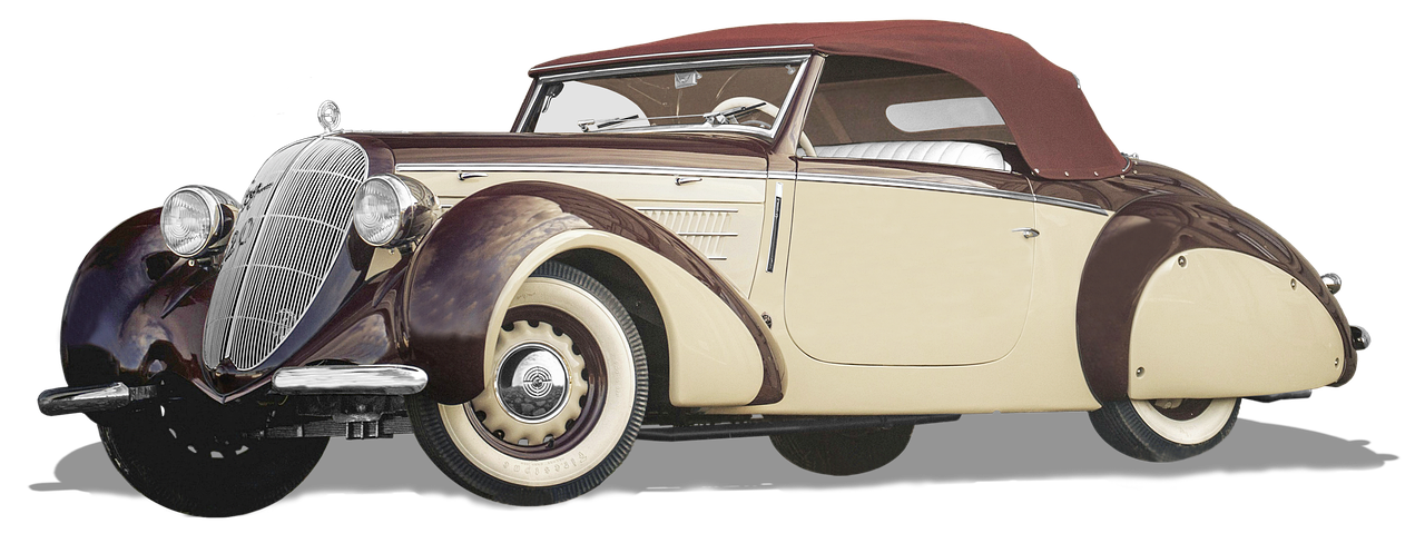 a close up of a vintage car on a black background, a digital rendering, by Joop Sanders, trending on pixabay, art deco, soft top, german, three - quarter view, colourised