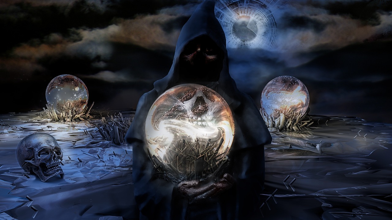 a man in a hooded jacket holding a crystal ball, inspired by Johfra Bosschart, digital art, distant hooded figures, female earth mage, black round hood and cloak, edited in photoshop