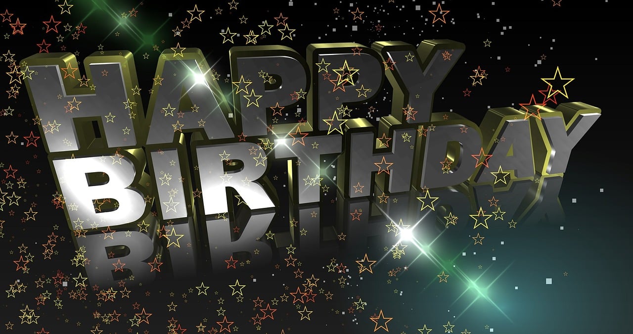 the words happy birthday are surrounded by stars, a digital rendering, pixabay, digital art, shiny surfaces, !! very coherent!!, to me, candid photo