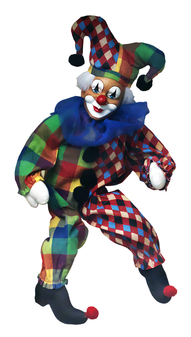 a close up of a clown doll on a black background, a digital rendering, flickr, op art, (tom cruise!!!!!) jester costume, transparent background, -h 1024, realistic cloth puppet