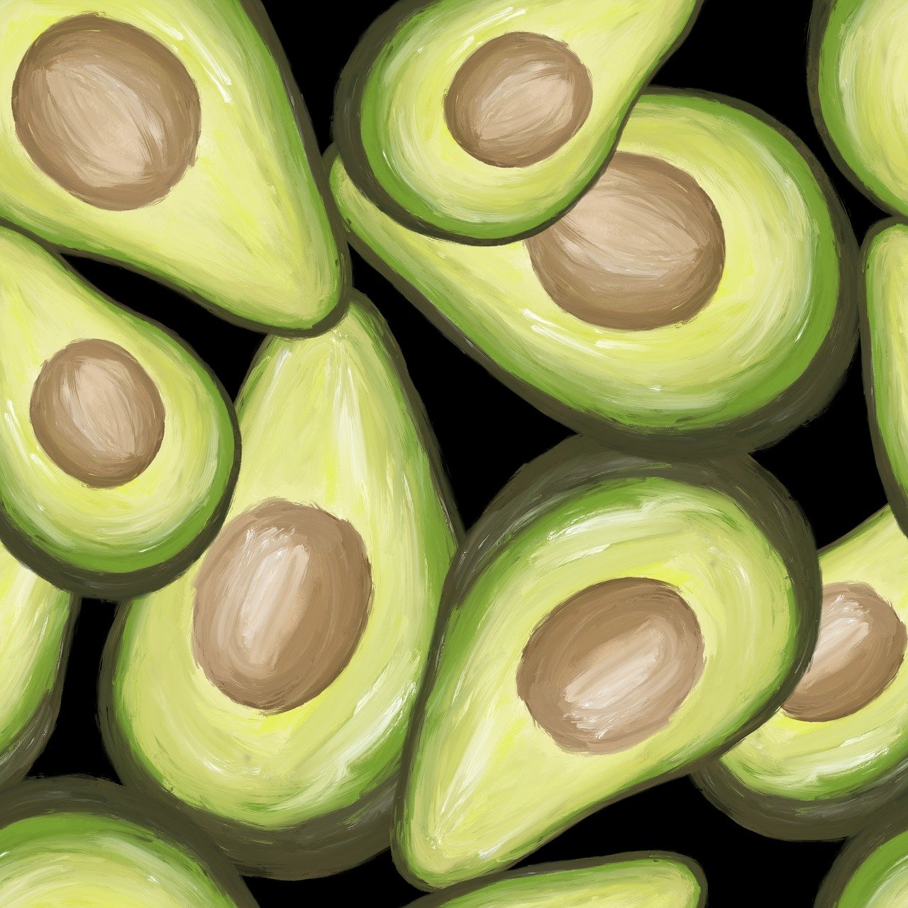 a group of sliced avocados sitting on top of each other, a digital painting, tumblr, tileable, avatar image, black, acrylic