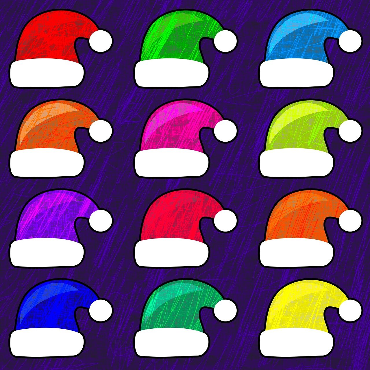 a set of nine different colored santa hats, a pop art painting, pop art, digitalt art, scratchy lines, violet polsangi pop art, beanie