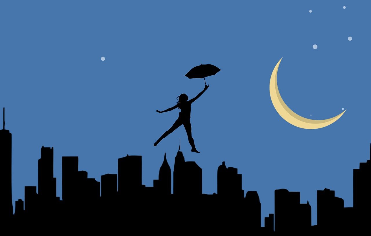 a woman flying through the air while holding an umbrella, vector art, night cityscape, moonwalker photo, ny, anthropomorphic silhouette