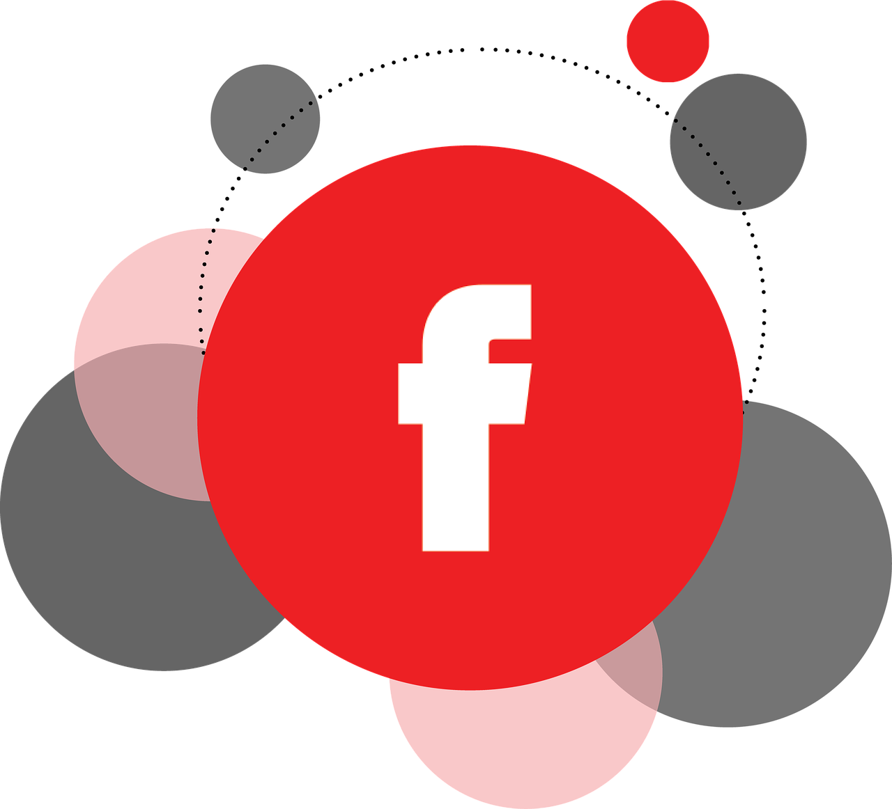 a red circle with a white facebook logo on it, flickr, digital art, [ bubbles, on a flat color black background, platforms, made of dots