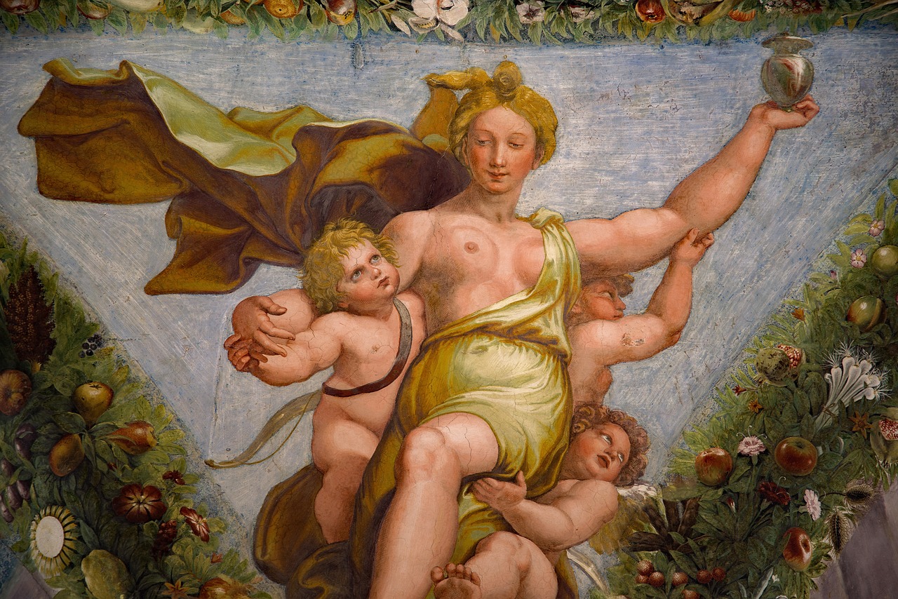 a painting on the ceiling of a building, inspired by Michelangelo Buonarroti, mannerism, venus planet symbol, 1 5 6 6, goddess of autumn, detail
