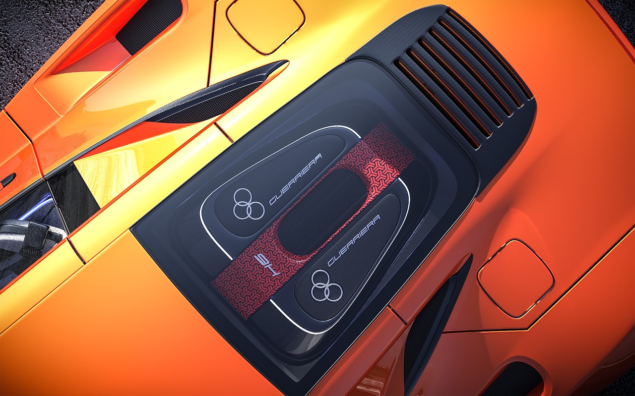 a close up of the dashboard of an orange sports car, concept art, inspired by Mike Winkelmann, polycount contest winner, synthetism, chest plate with ferrari logo, cinematic. ”, game top down view, re engine render
