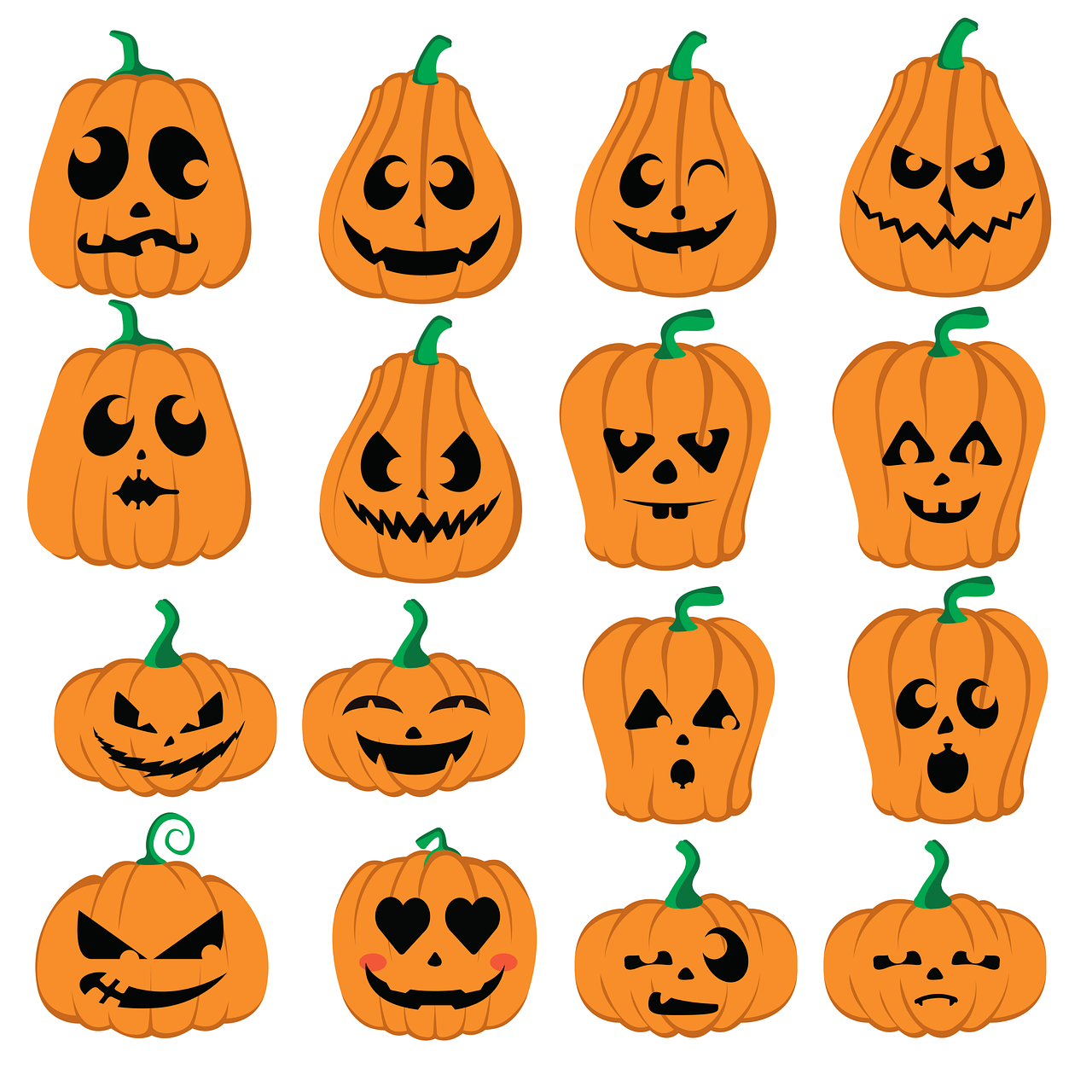 a group of pumpkins with faces drawn on them, vector art, 1 6 x 1 6, face variations, cartoon style illustration, on white background