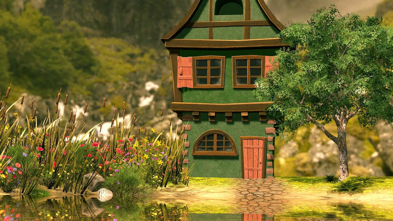 a small house sitting on top of a lush green hillside, inspired by Luigi Kasimir, polycount contest winner, renaissance, cottage close up, hd screenshot, beautiful render of a fairytale, details and vivid colors