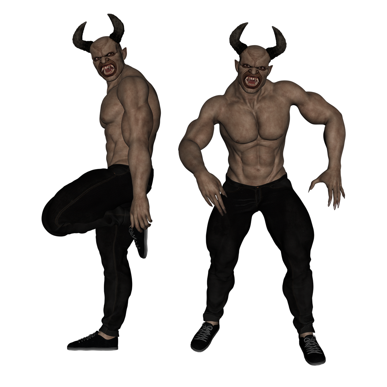a couple of men standing next to each other, a 3D render, inspired by Daryush Shokof, horned, full body shots, a devilish grin on his face, various poses