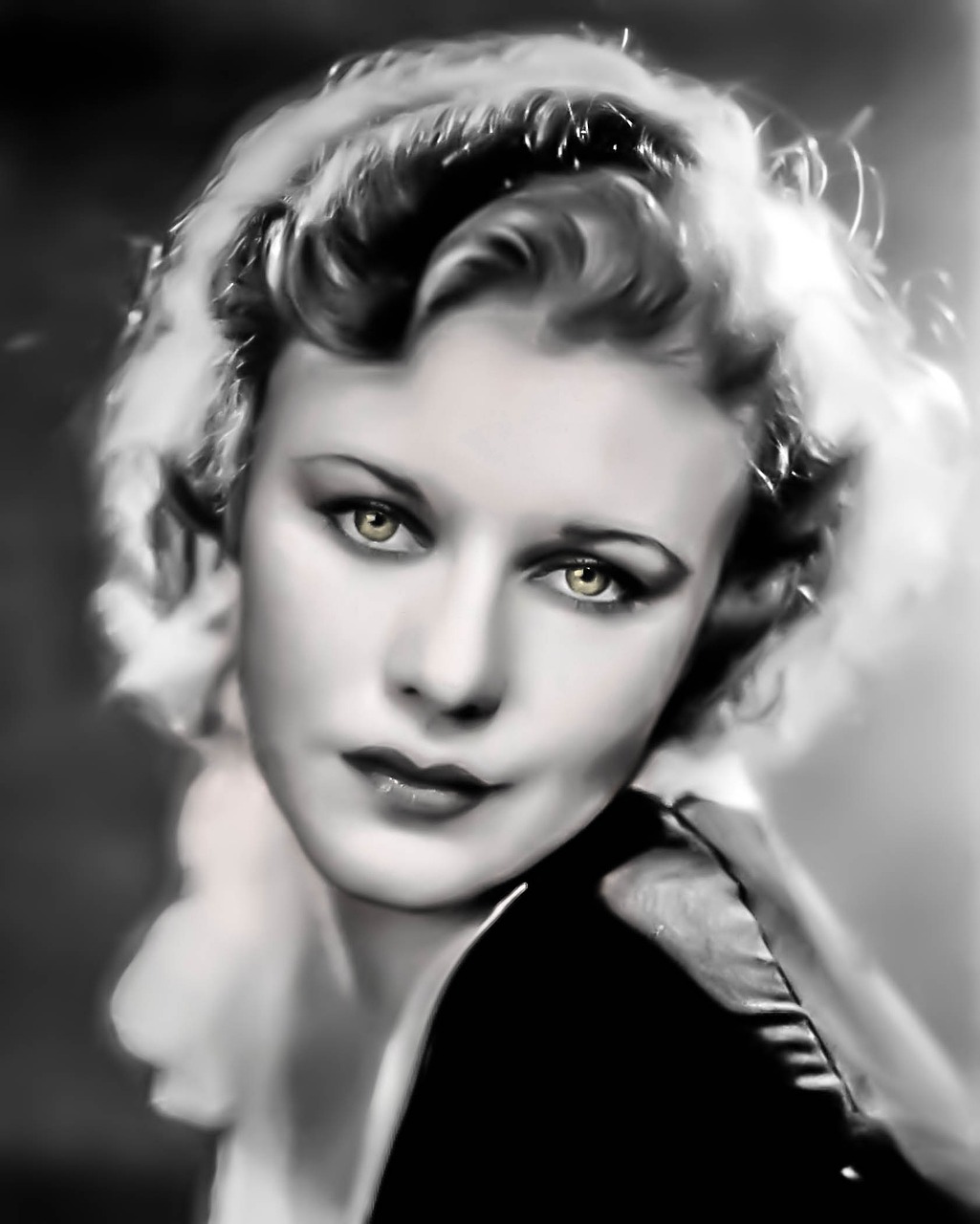 a black and white photo of a woman, vector art, inspired by George Hurrell, flickr, digital art, detailed color portrait, with golden eyes, vintage movie, kay neilsen
