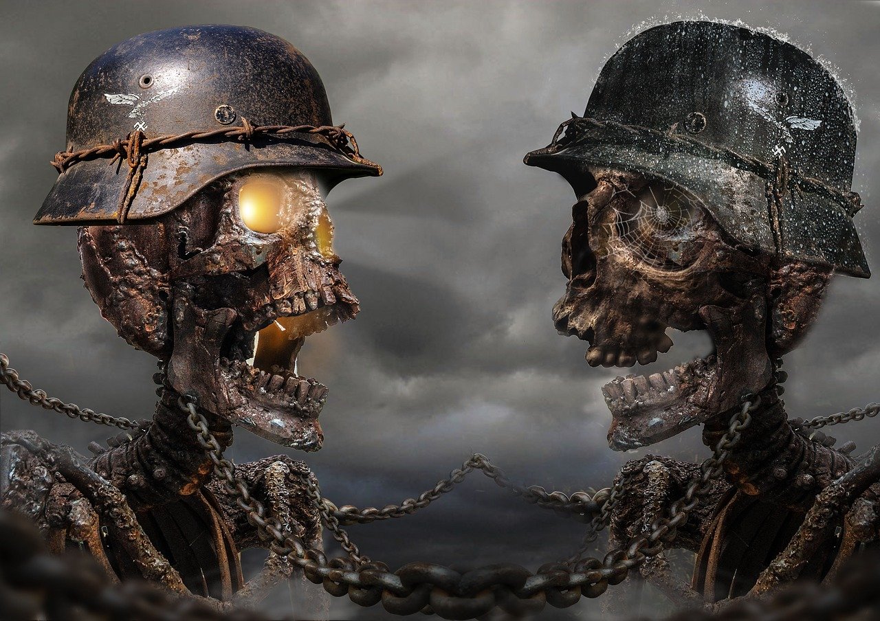 two skeletons wearing helmets and chains on a cloudy day, digital art, digital art, german and soviet soldiers, face to face, full metal jacket, mobile wallpaper