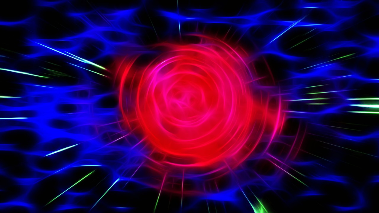 a red circle surrounded by blue and green lights, digital art, digital art, explosion background, rose twining, turbulence, warping time and space