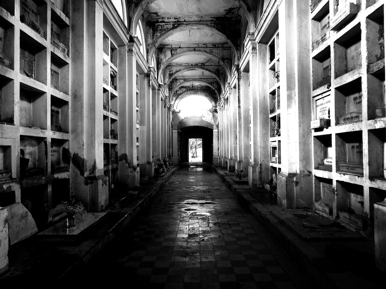 a black and white photo of a long hallway, a black and white photo, pexels contest winner, mausoleum, in a post apocalyptic city, apothecary, naples