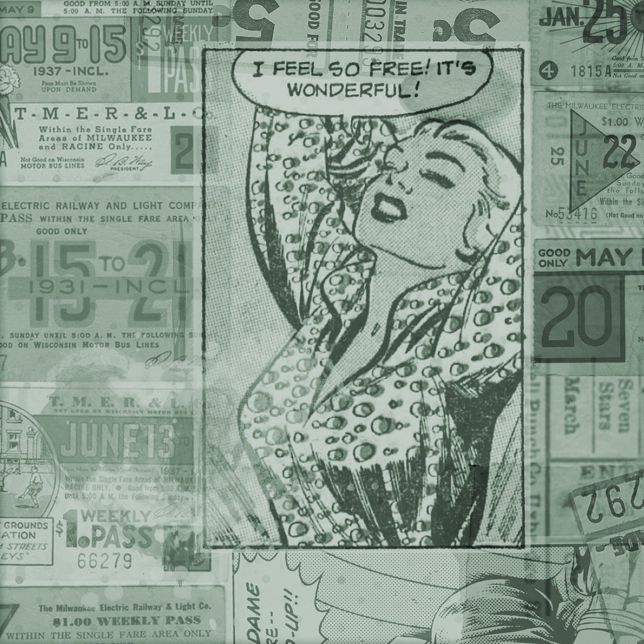a black and white drawing of a woman in a dress, a pop art painting, inspired by Marilyn Bendell, pop art, overlaid with chinese adverts, comic book panels background, closeup photo, paper texture 1 9 5 6