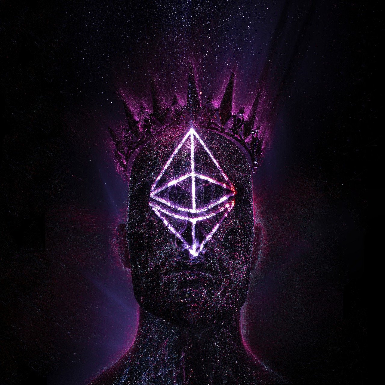 a man with a crown on his head, cyberpunk art, digital art, 3 d of the ethereum symbol, dark age is coming, epic illumination, made of crystalized synapse
