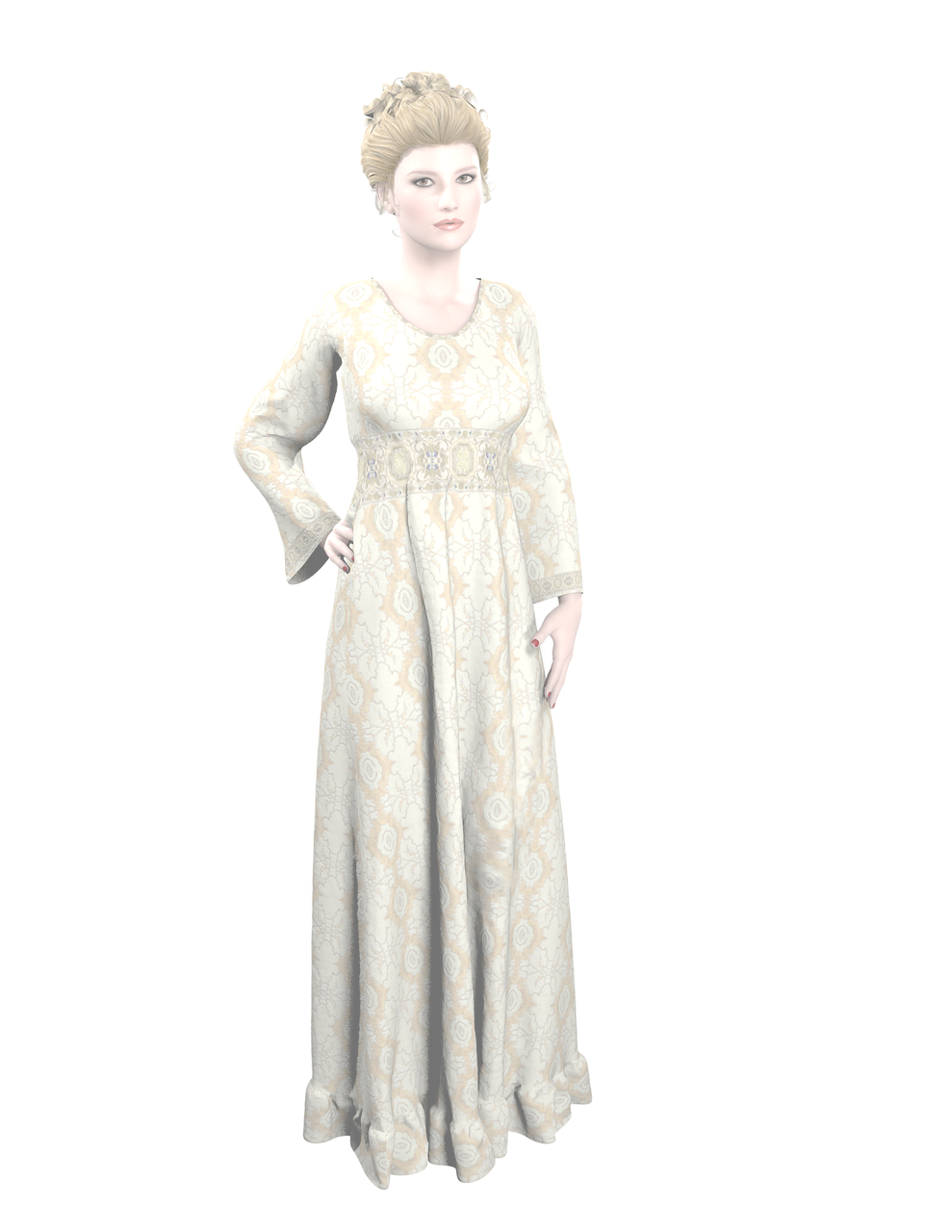 a woman in a long dress standing in front of a black background, a 3D render, inspired by Elinor Proby Adams, white robe with gold accents, royal brocade dress, high detail 1024, moroccan