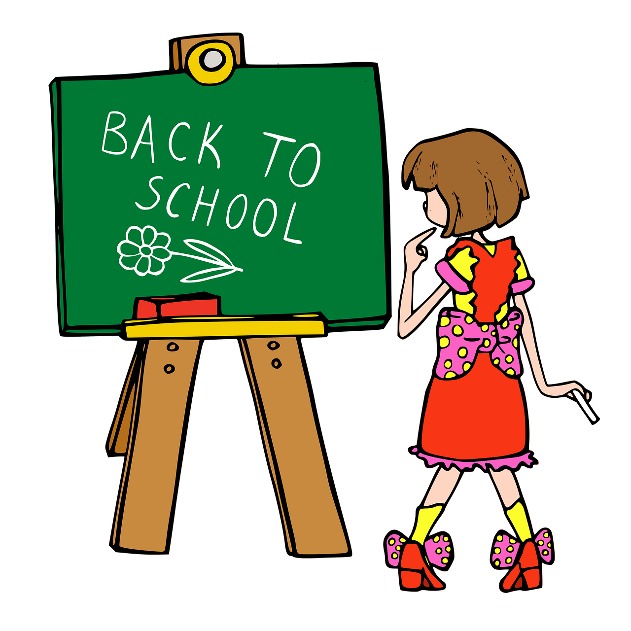 a woman standing in front of a blackboard with the words back to school written on it, a picture, by Harry Beckhoff, graffiti, no gradients, on black background, children illustration, back shot