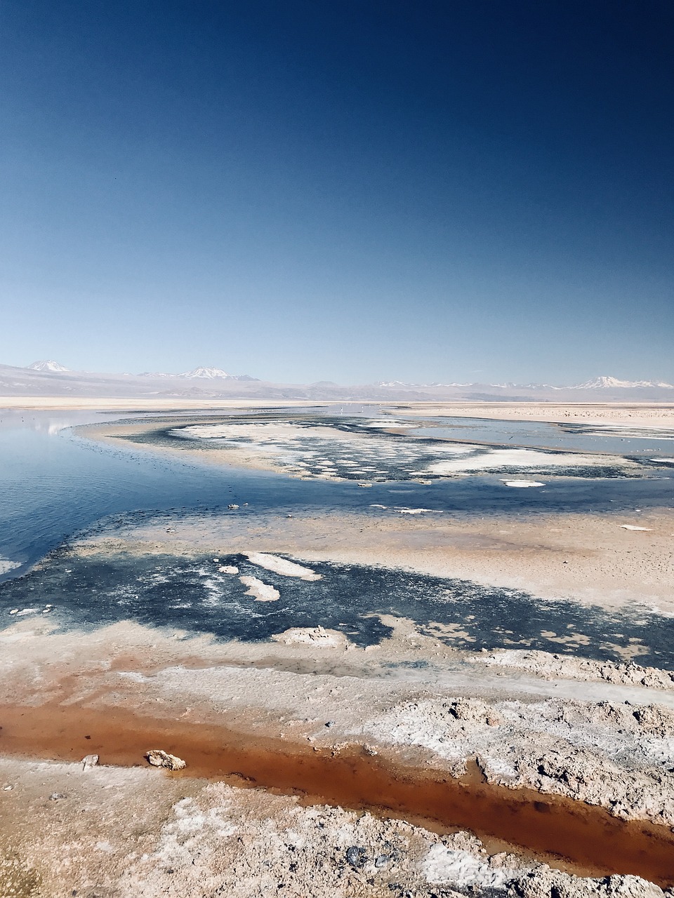 a large body of water sitting in the middle of a desert, a photo, by Whitney Sherman, constructed upon salar de uyuni, above view, looking to the right, blue white colors