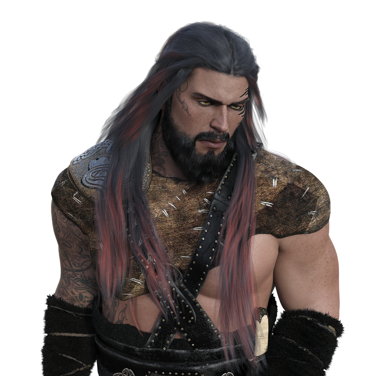 a close up of a person with long hair, a character portrait, trending on cg society, muscular male hero, black beard, highly detailed and colored, elaborate long hairstyle