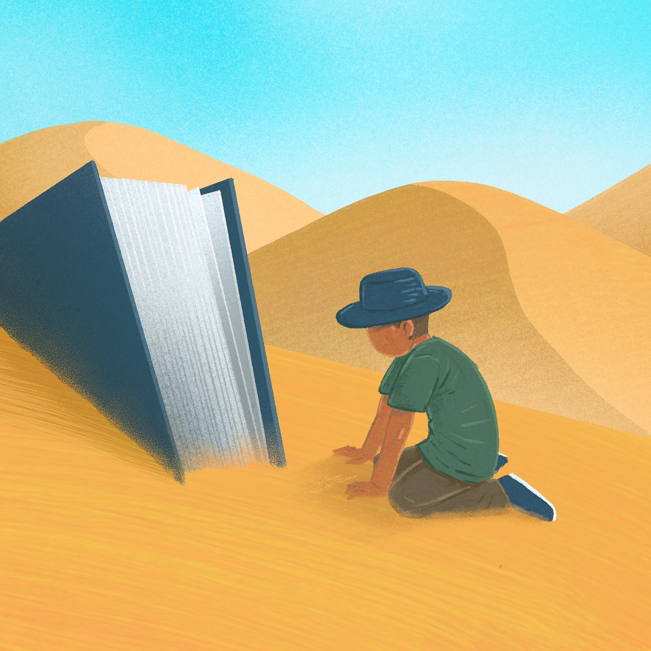 a man sitting in the middle of a desert reading a book, a storybook illustration, wikihow illustration, 3d grainy aesthetic illustration, colorful kids book illustration, worksafe. illustration
