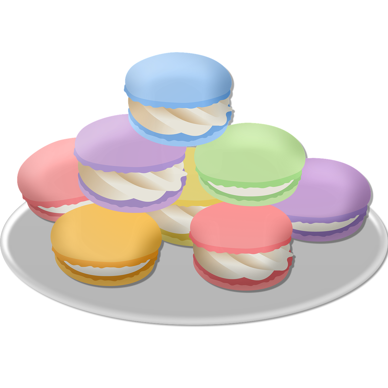 a plate with a bunch of macarons on it, a pastel, inspired by Shūbun Tenshō, sōsaku hanga, wikihow illustration, no gradients, served on a plate, 2 d cg