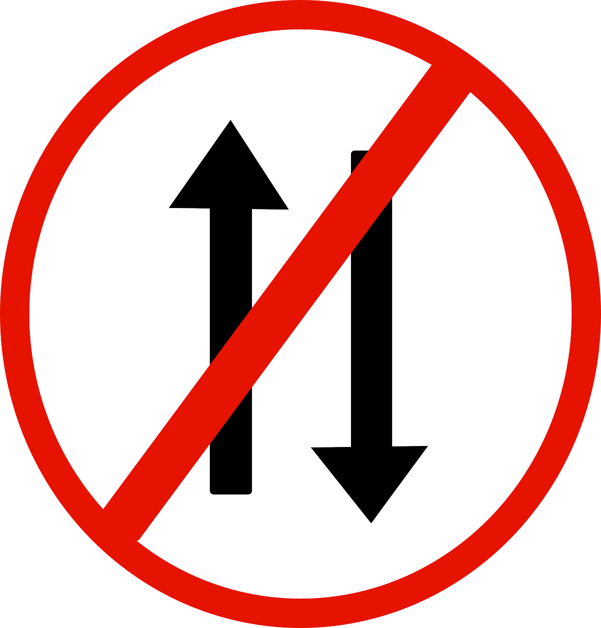 a no left turn sign on a white background, pixabay, sōsaku hanga, bridges crossing the gap, twins, pictured from the shoulders up, reduce duplication interference