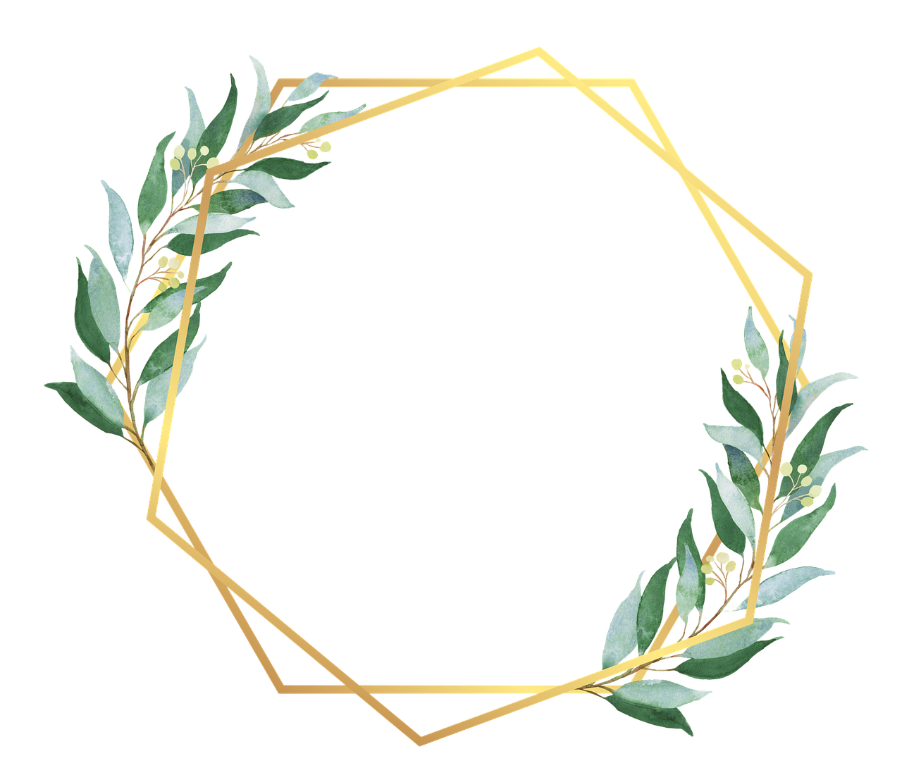 a gold geometric frame with green leaves and berries, pixabay, modernism, hexagon moon, eucalyptus, on black background, elder ring