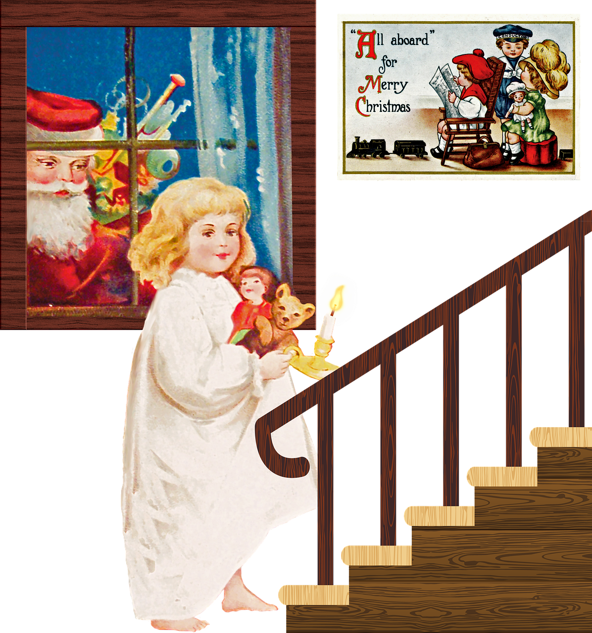 a painting of a little girl holding a teddy bear, a digital rendering, inspired by Jessie Willcox Smith, naive art, lights are on in the windows, coming down the stairs, santa claus, cut out collage