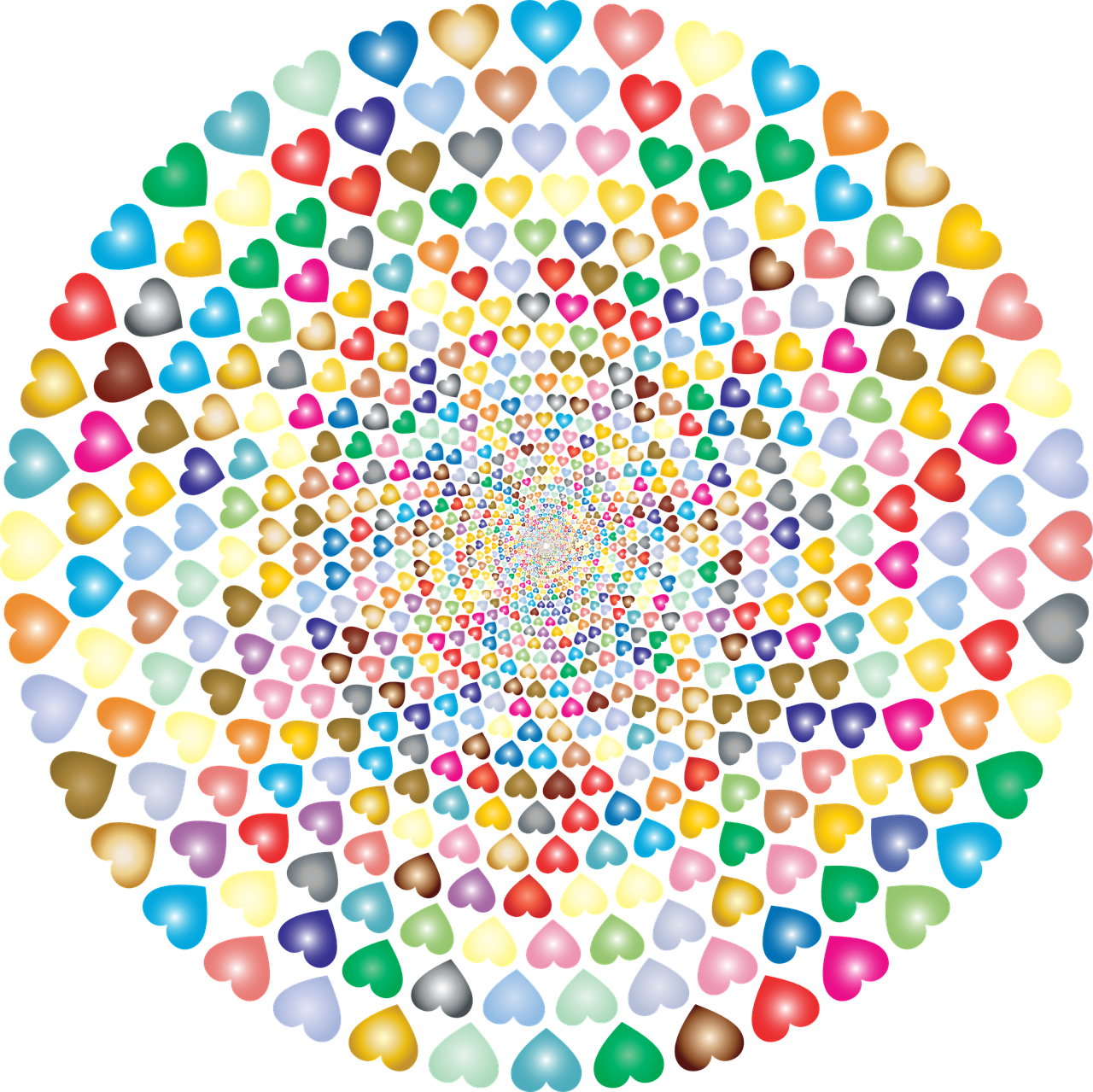 multicolored hearts arranged in a circle on a black background, a mosaic, inspired by Milton Glaser, flickr, infinite fractal mandala tunnel, high res, cute colorful adorable, vortex