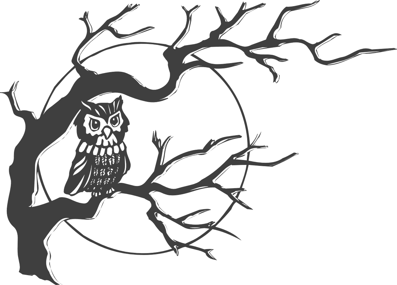 an owl sitting on top of a tree branch, lineart, inspired by Samuel Hieronymus Grimm, trending on pixabay, sōsaku hanga, horror wallpaper aesthetic, black backround. inkscape, moonlight grey, ambient occlusion:3