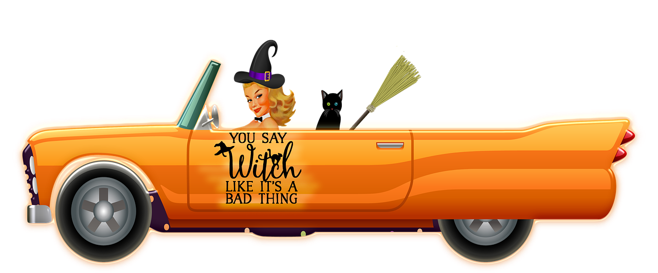 a car with a sign that says you're only a witch like it's a bad thing, a digital rendering, by Melissa A. Benson, trending on pixabay, part leyendecker style, cat witch, b movie, bad graphics