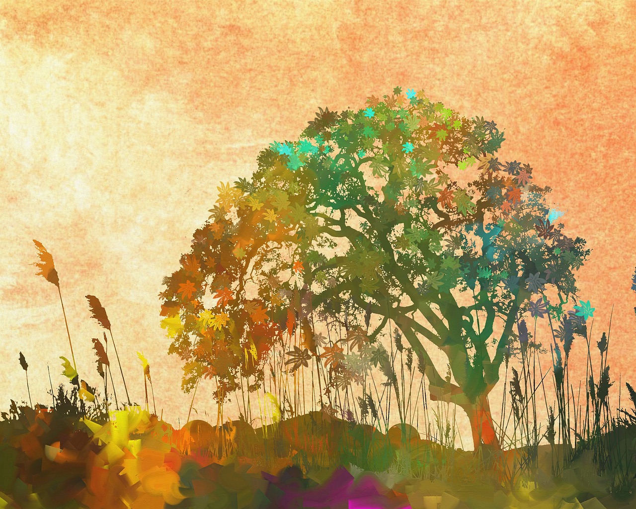 a painting of a tree in the middle of a field, a digital painting, digital art, both bright and earth colors, savana background, ultrawide watercolor, stylized silhouette