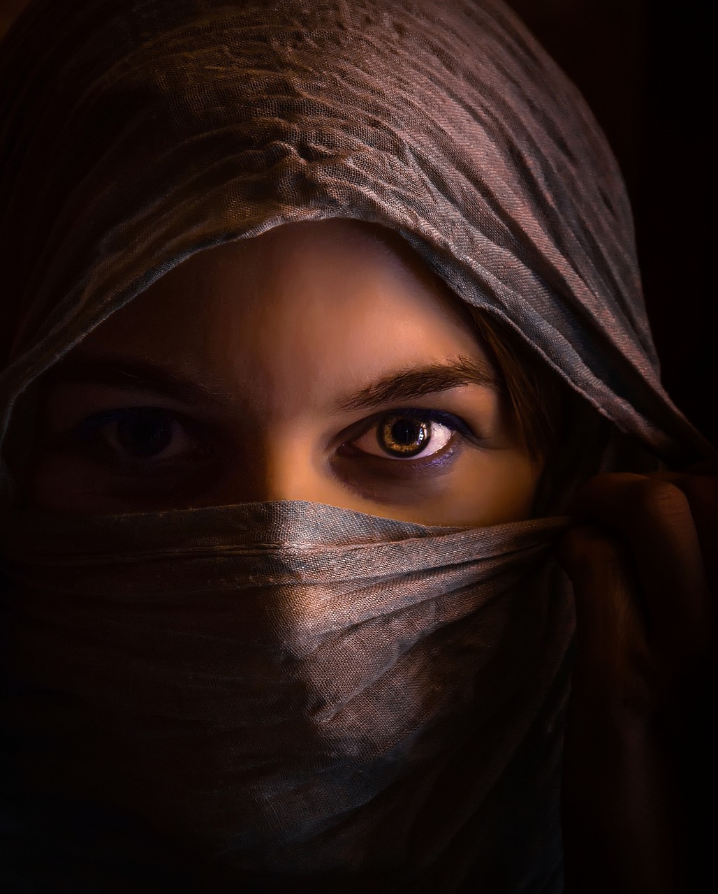 a woman with a veil covering her face, a character portrait, inspired by Steve McCurry, pixabay contest winner, hyperrealism, portrait of bedouin d&d, portrait rugged girl, arabian night