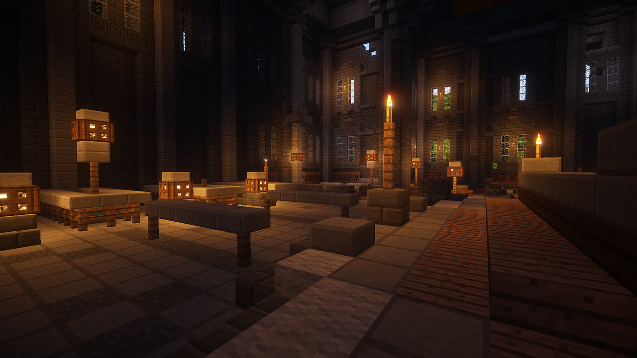 a group of benches sitting inside of a building, a screenshot, inspired by senior environment artist, dark majestic ornate great hall, cinematic minecraft, dark tones and candlelight, volumetric lighting — w 6 4 0