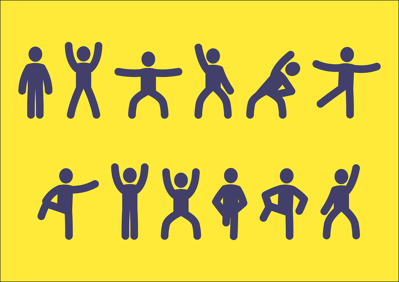 a group of people doing different poses on a yellow background, inspired by Keith Haring, trending on pixabay, game icon asset, fitness, stick figure, sprite 2 d