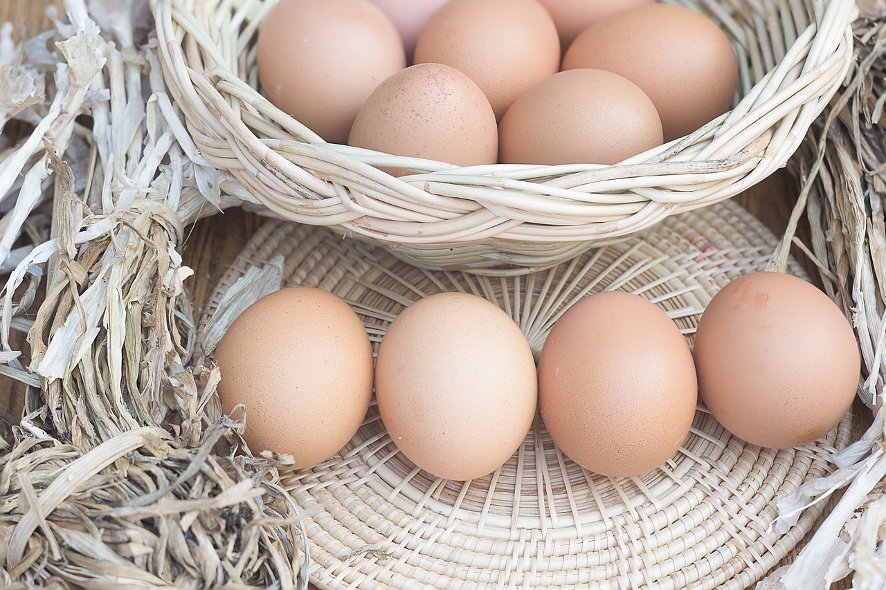 a basket filled with eggs sitting on top of a table, a stock photo, shutterstock, high angle close up shot, half and half, close-up product photo, straw