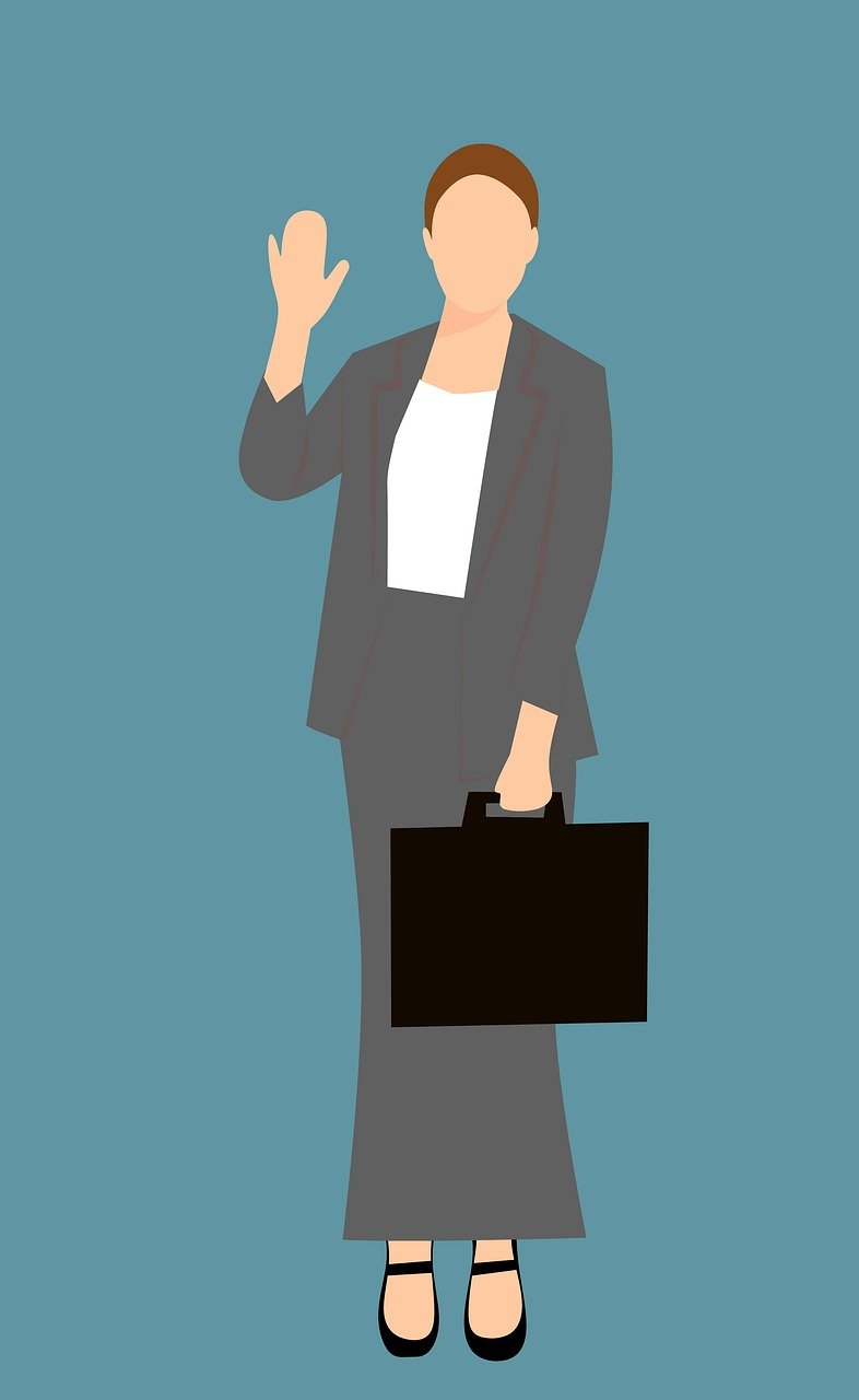 a woman in a business suit holding a briefcase, trending on pixabay, digital art, giving the middle finger, wearing a blouse, saluting, flat minimalistic