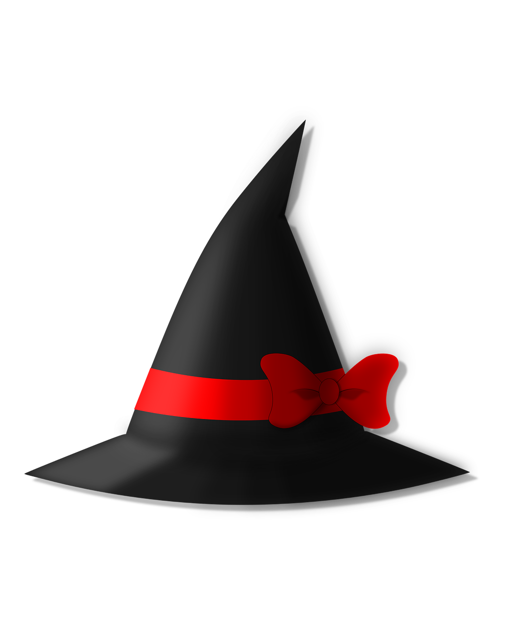 a black witch hat with a red ribbon, a digital painting, digital art, bowknot, black plastic, no gradients, long night cap