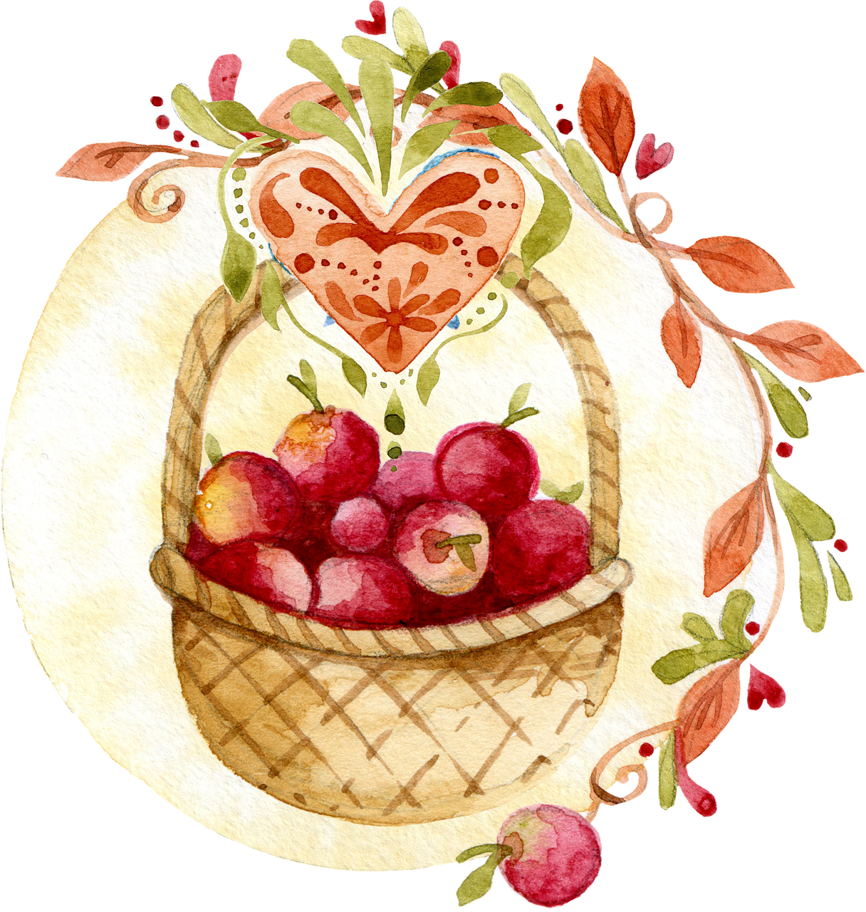 a watercolor painting of a basket of apples, a digital rendering, inspired by Maksimilijan Vanka, folk art, heart, black, vignette illustration, detail