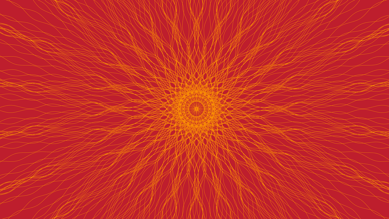 a red background with orange and yellow lines, inspired by Alex Grey, shutterstock contest winner, generative art, sacred geometry pattern, hot sun, no gradients, ultrafine detail ”